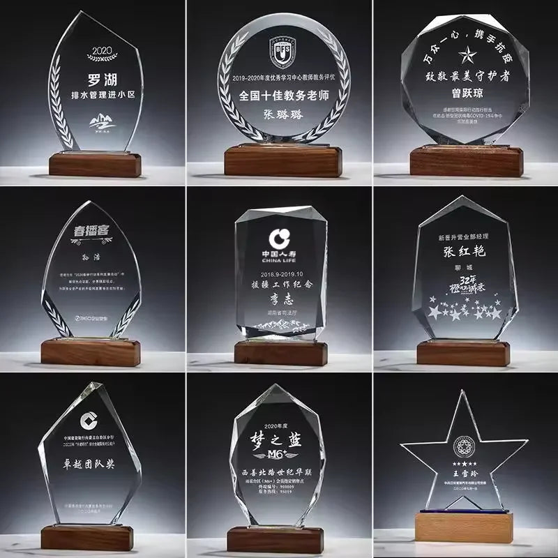 Factory Wholesale Cheap K9 Blank Wood Crystal Trophy Award Custom Logo Base Crystal Trophy