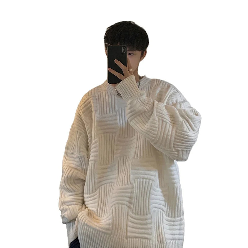High Street Men's Spring Sweater American Neck Versatile Lazy Style Casual Thread Three-Dimensional Plaid Jacquard Knit Lace