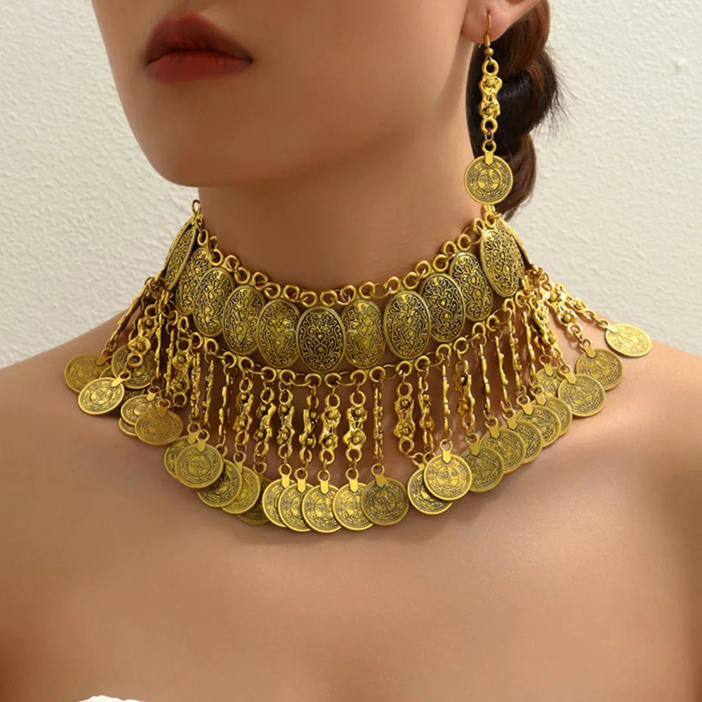 DAIHE SET-3502 Fashion Statement Coins Bib Choker Necklace Earrings Trendy Geometric Long Tassel Chain Earrings Jewelry Set