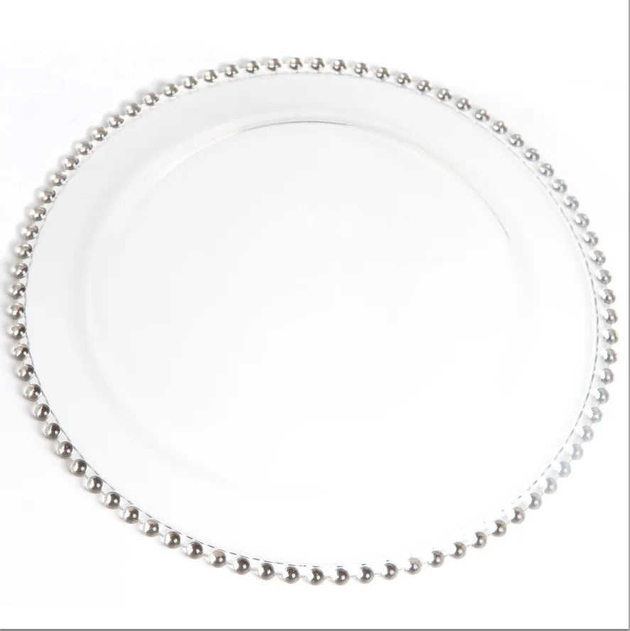 LCK006 clear Wedding Silver Beads Glass Plates Wholesale Silver Beaded Wedding  Plates for Wedding Decoration