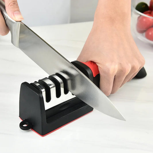 Afilador de cuchillos de 4 segmentos para cocina, tres usos negra de piedra de afilar, multifuncional, para el hogar