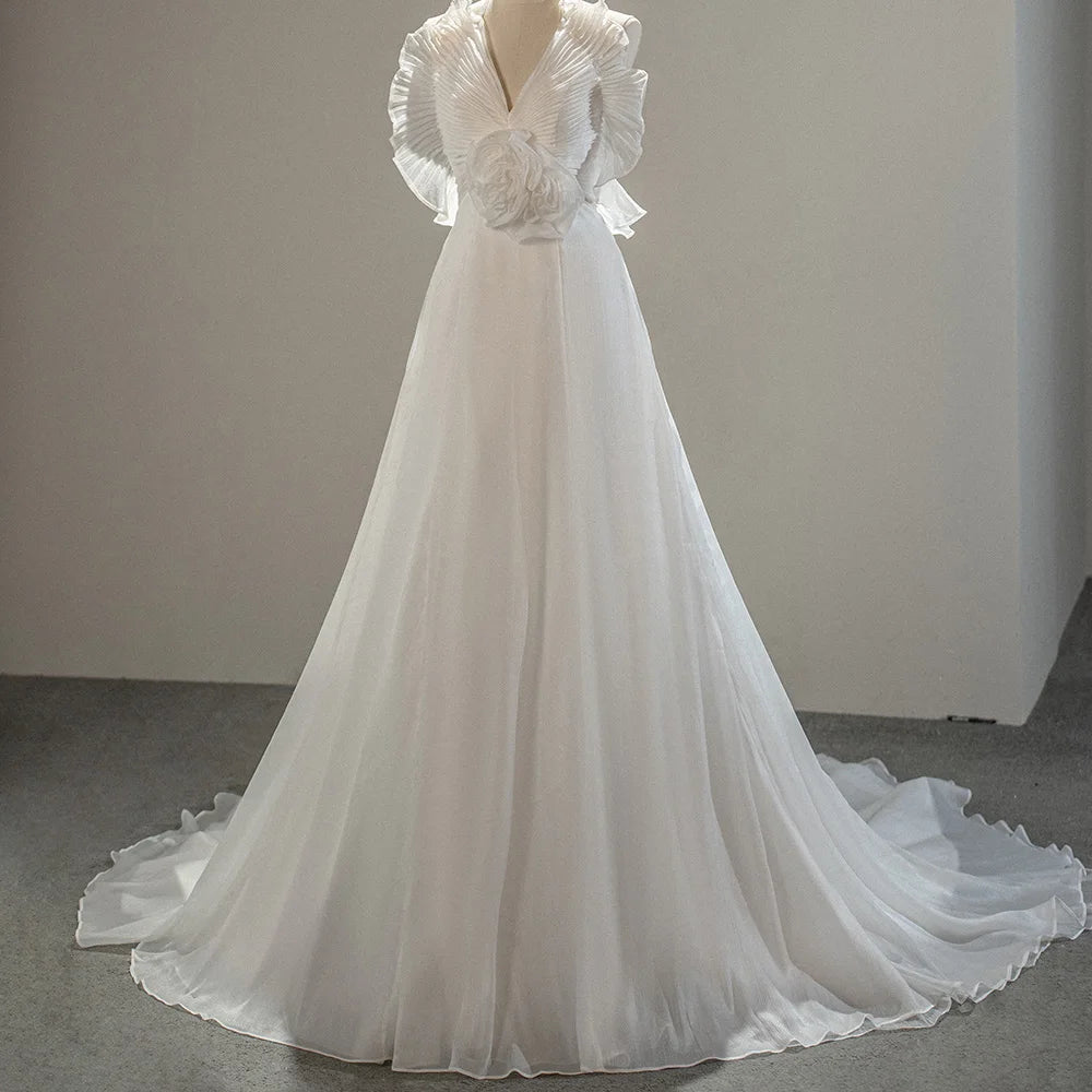 Jancember SFY220 Boho Ruched Flower Backless Wedding A-line Bridal Dresses