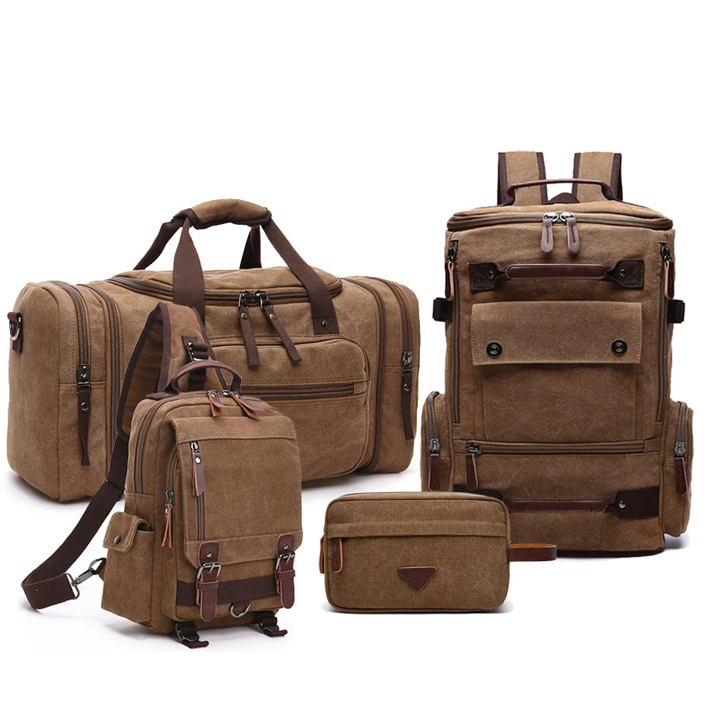 ZUOLUNDUO OEM/ODM 4pcs Canvas Travel Bag Set Custom Logo Vintage Men's Backpack & Large Duffle Bag Set Wholesale Gift Set