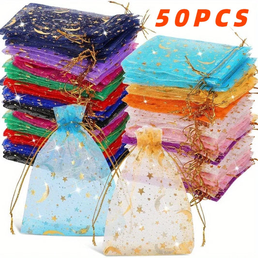 50 Uds. Bolsas de Organza con cordón de estrellas y Luna, bolsas de regalo de joyería, bolsas de recuerdo de Organza co…