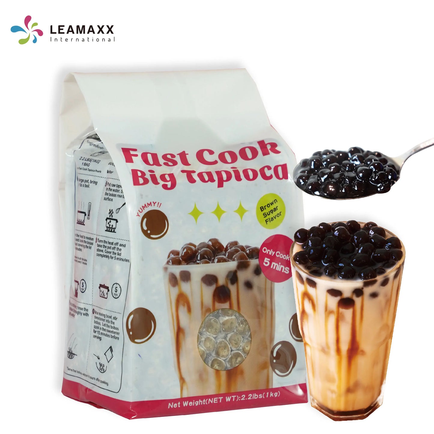 2026 Leamaxx Fast Cook 2.3mm Tapioca Topping Brown Sugar Flavor Bubble Milk Tea Preservative Bag Packaging Black 8 Months Shelf