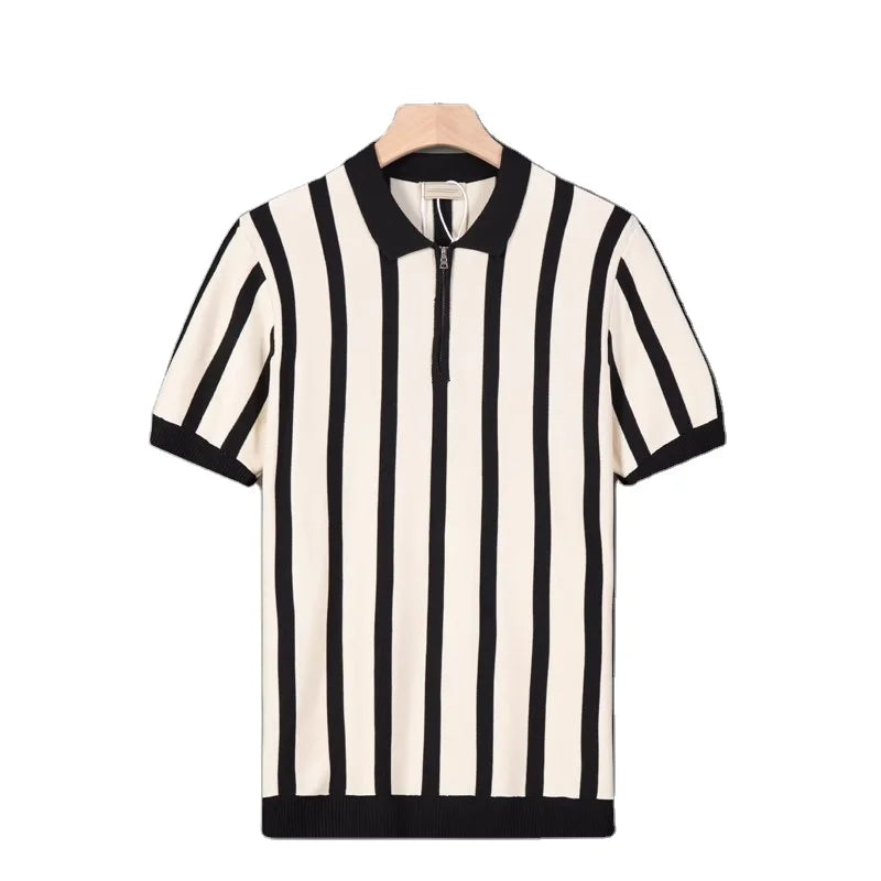 OEM custom logo embroidery printed design summer short-sleeved versatile men's striped personality zipper half-sleeved polo