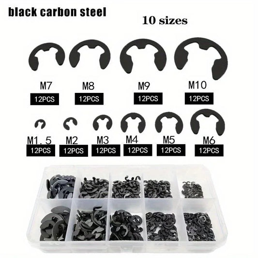 Juego de anillos de retención de acero inoxidable negro, 120 Uds., anillo a presión, surtido de arandelas E-Clip para s…