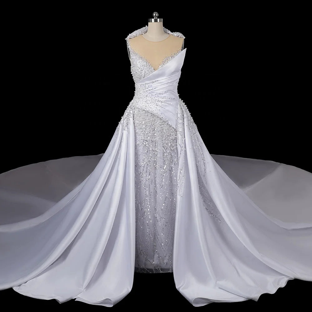 Jancember LSDZ95 Luxury Sleeveless Sequins Beaded Women's Mermaid Wedding Dresses With Long Tail
