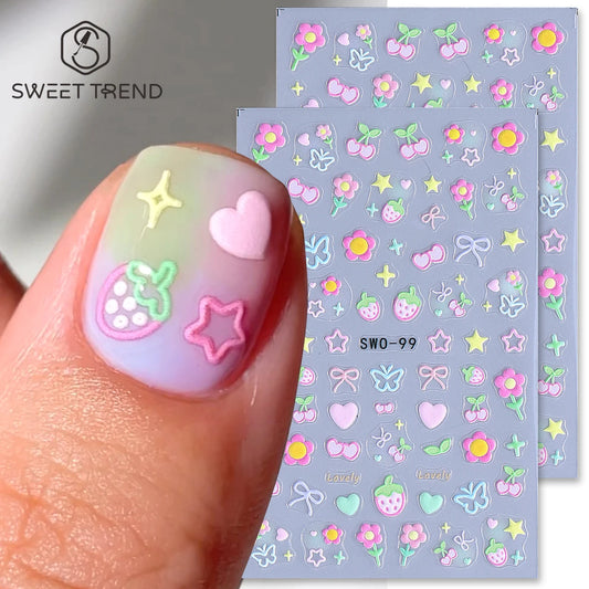 Pegatinas para decoración de uñas, 2 uds., elemento dulce, flor Simple, corazón, cereza, fresa, calcomanías Kawaii, laz…