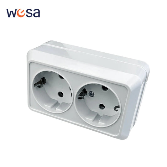 WESA superficie de pared blanca, 2 enchufes, enchufes eléctricos exteriores de la UE con toma de corriente a tierra, pi…