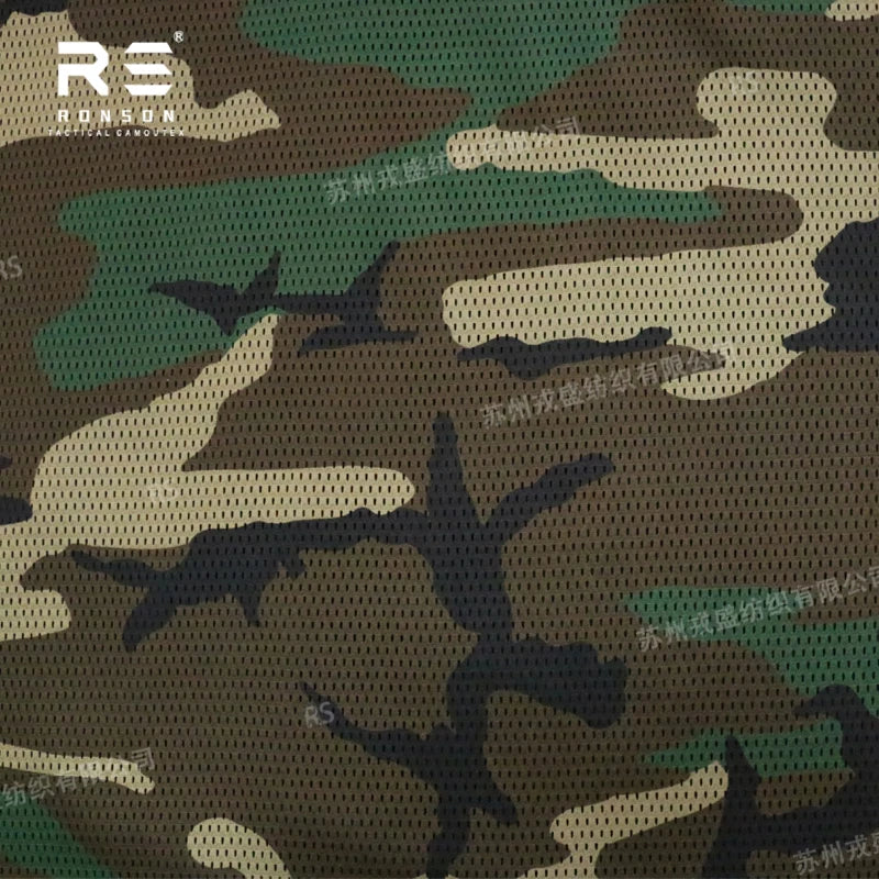US M81 Double Sided 120gsm Light Weight Polyester Mesh Fabric Woodland Camouflage Printed for Tactical Gears Bags Warp Knitted