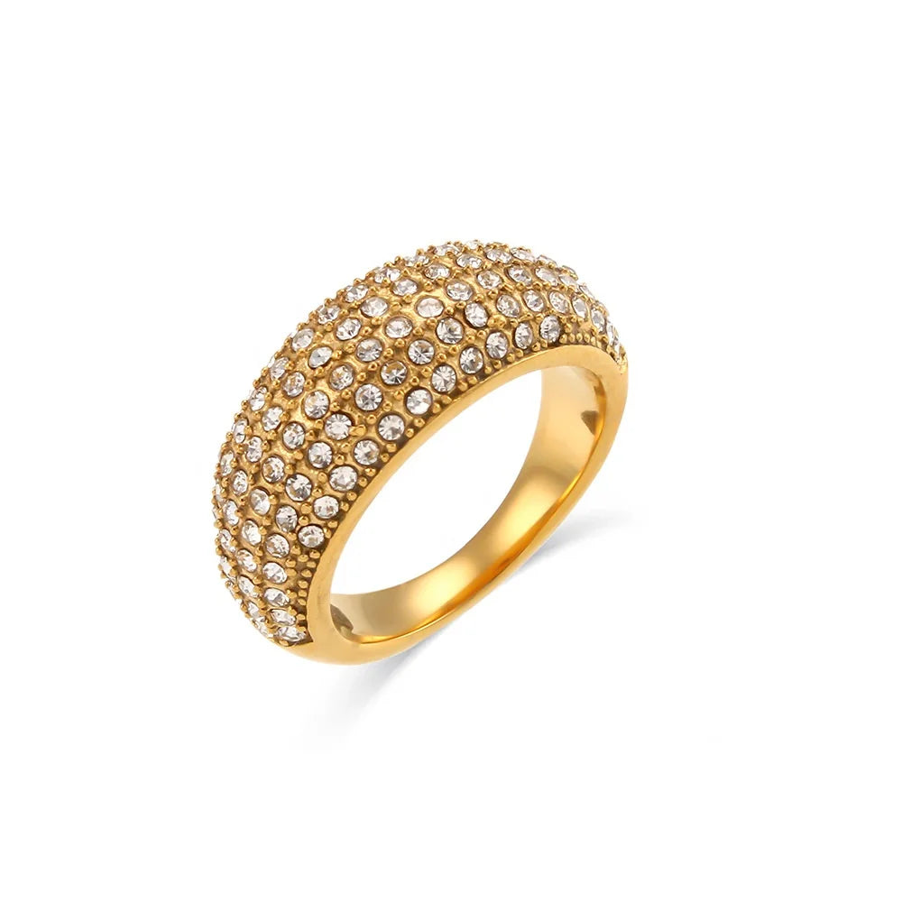 Non Tarnish Stainless Steel Jewelry 18k Pvd Gold Plated Full Diamonds Micro Insert Zircon Luxurious Starry Ring