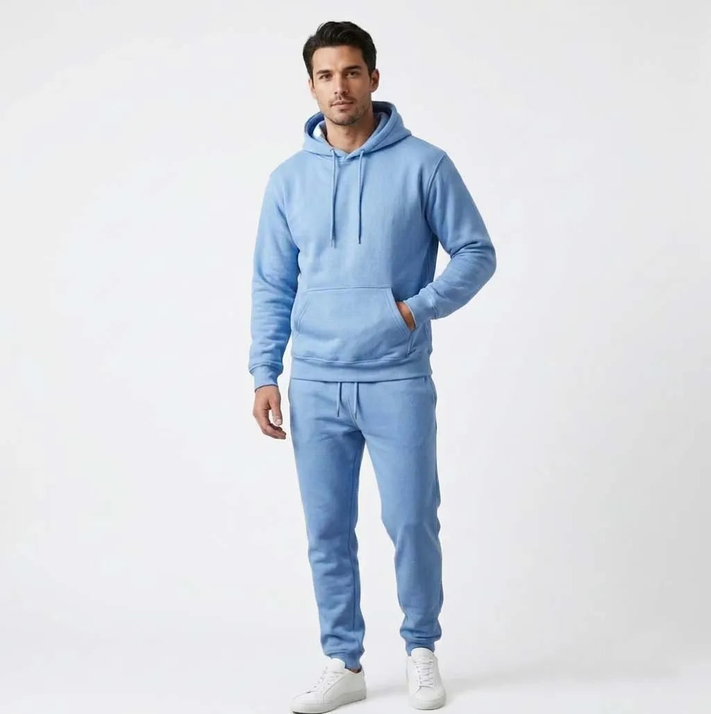 Men's Blue Hooded Solid Color 2-Piece Maternity 100% Cotton Four-Way Stretch Breathable Jogging Suit Outdoor Sweat Pant