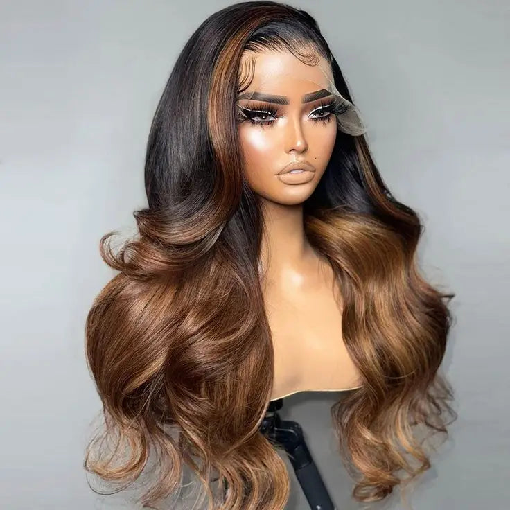 Pre-Cut 22 Inch for Ombre Wig 13*4 HD Closure 210% Density Body Wave Long Virgin Human Hair Dark Root Blonde Root Mix Hair Large