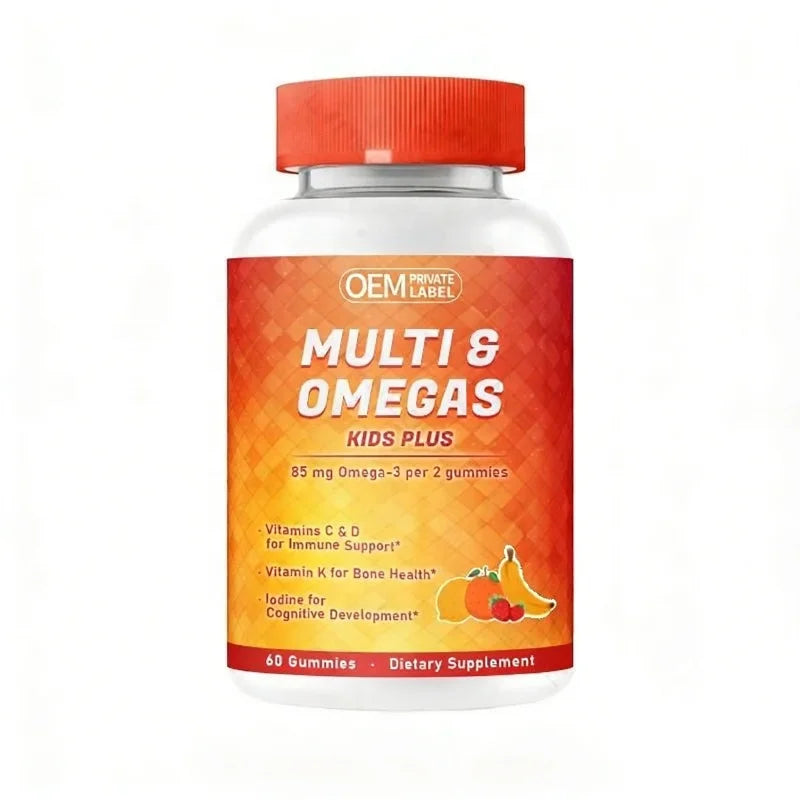 Private Label Kids Multivitamin Gummies with Omega 3  Vitamins D3 C B12 B6 Vitamin A K & Zinc Gluten Free