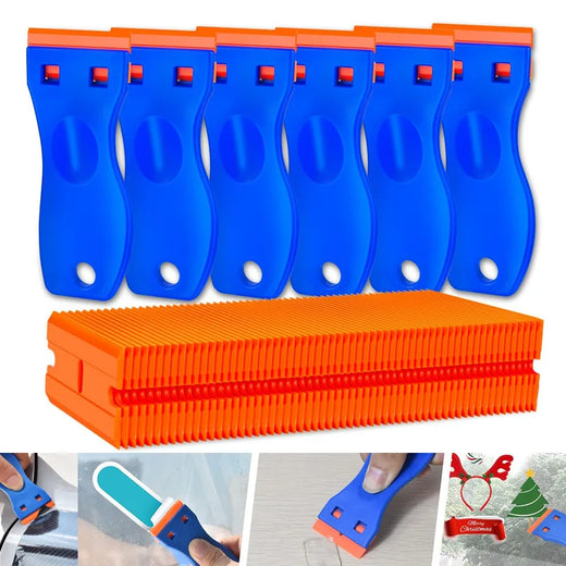 Raspador de cuchilla de afeitar de plástico con 100 Uds. De cuchillas de plástico, raspador de limpieza de ventanas para eliminar pegamento, etiquetas adhesivas en vidrio de coche