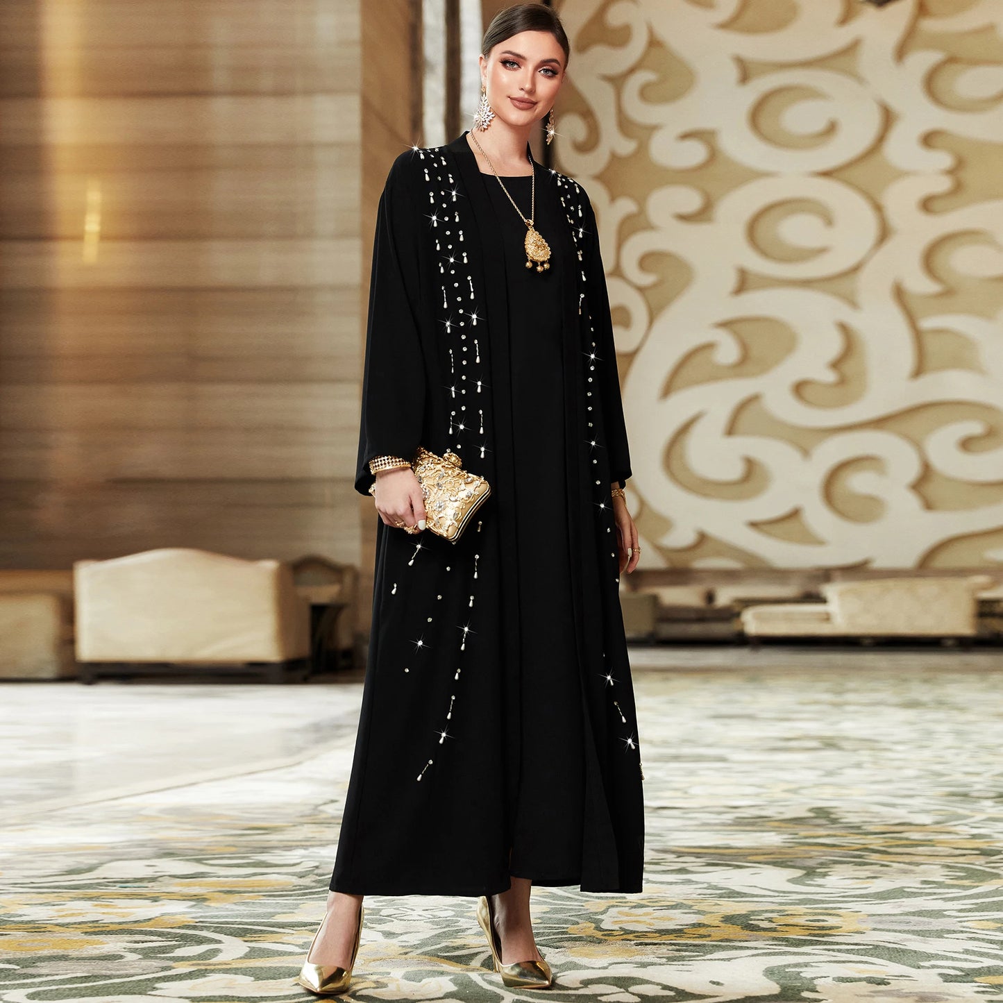 New Season Women Islamic Clothing Abaya Kaftan Long Sleeve V-neck  Ladies Abaya Set Solid Color Black Open Abaya