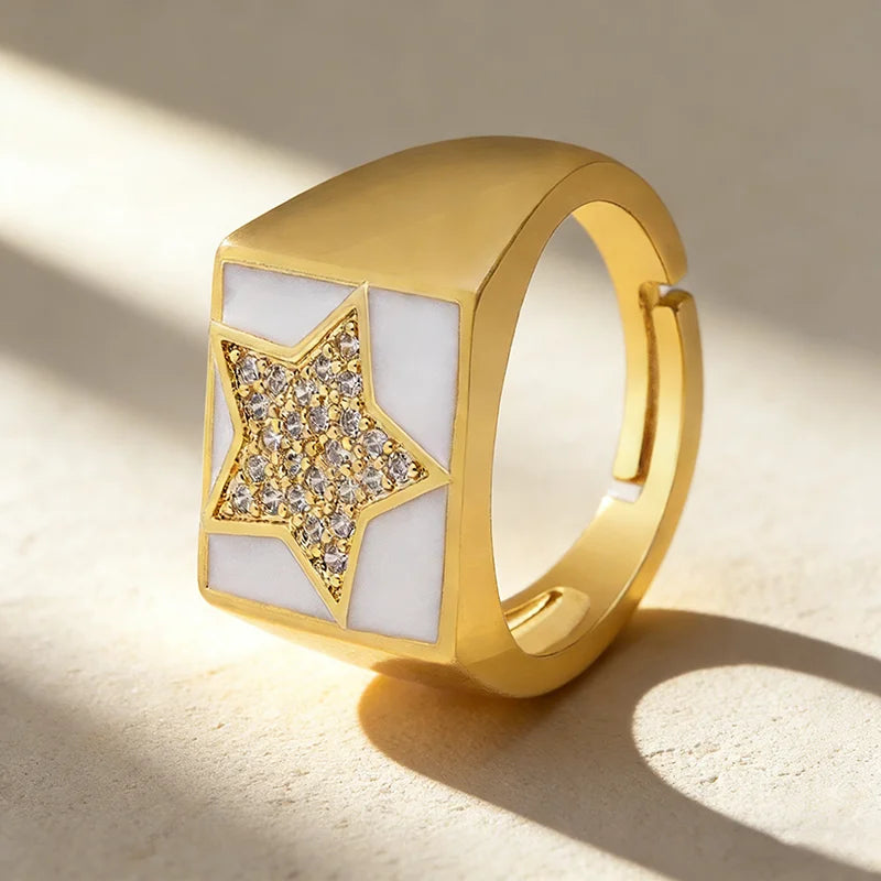 QIKU Exquisite Star/Palm Shape 3 Colors Oil Droplet Opening Adjustable Ring Copper Zircon Jewelry Women Unusual Accessories G