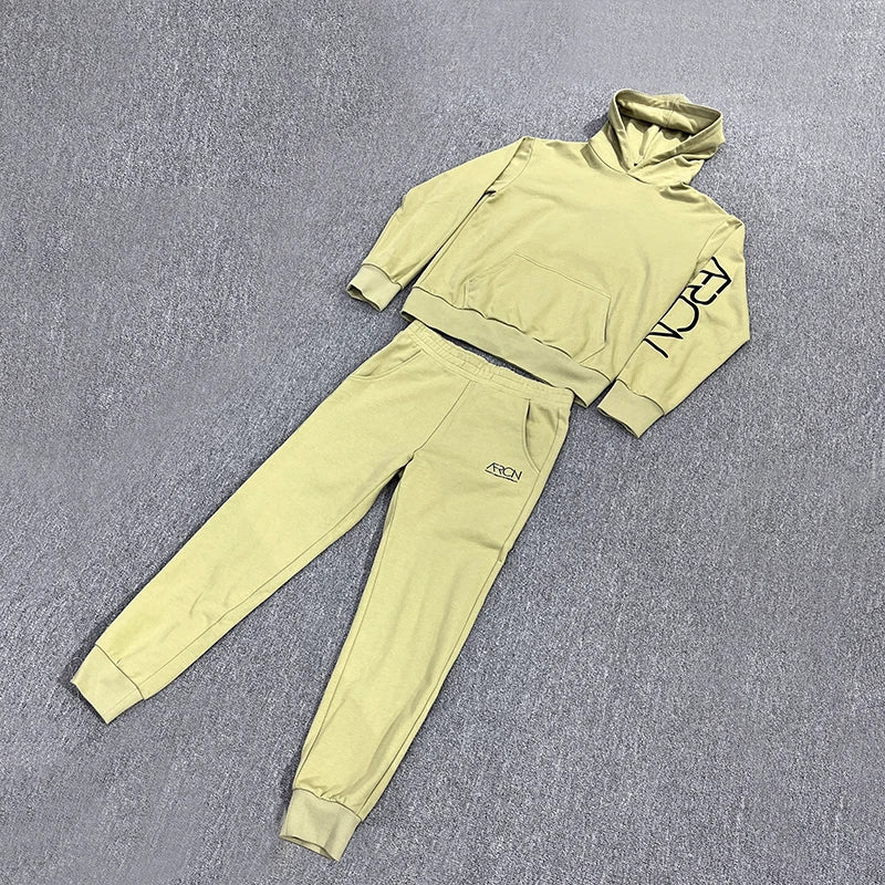 Custom Logo Men Stacked Joggers Sets Sweat Hoodie Straight Wide Leg Sweatpants Gym Two Piece Tracksuit  French Terry Tracksuit