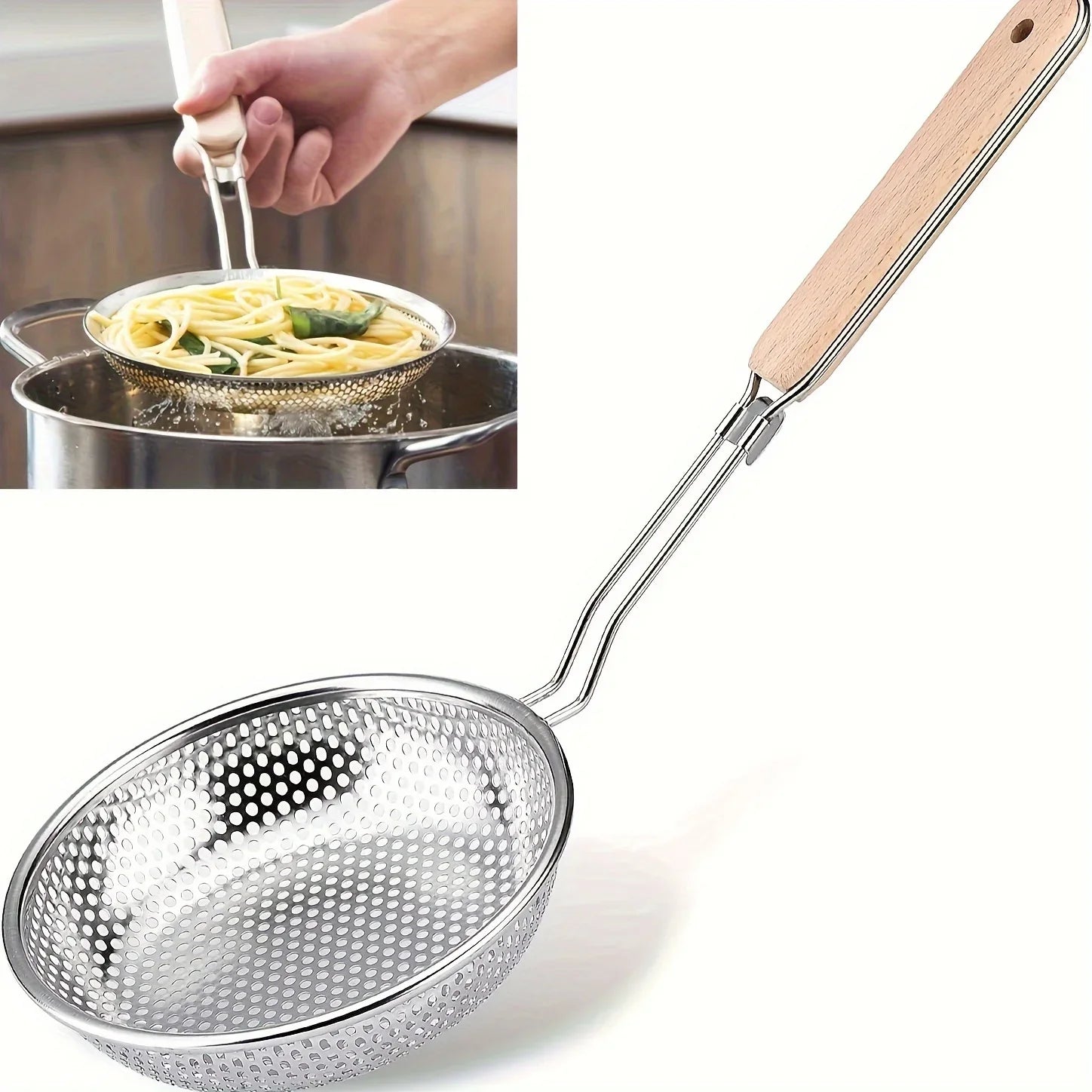 Colador de acero inoxidable con mango de madera, cuchara espumadera de malla fina para cocinar, filtrado de grasa de pr…