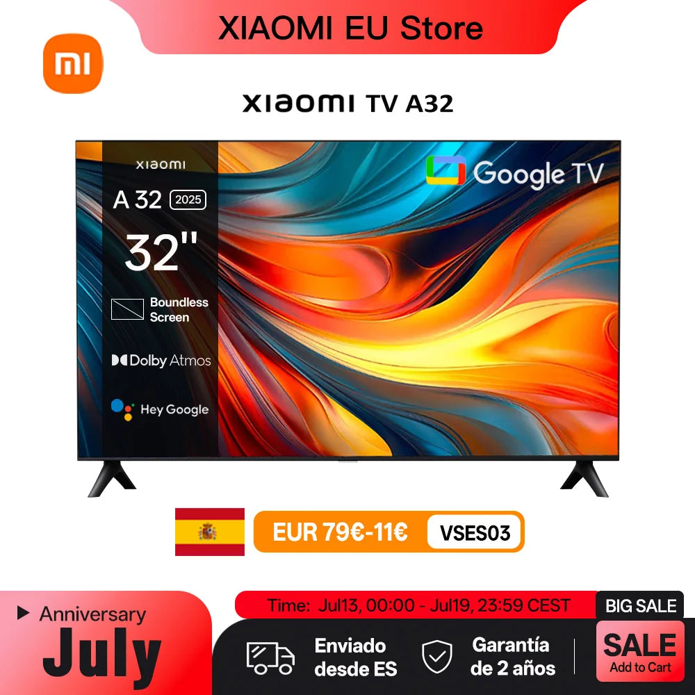 Xiaomi TV A 32, Tamaño compacto con pantalla colorida, sonido dinámico con audio Dolby ™ , DTS-X y DTS Virtual:X, Fini…