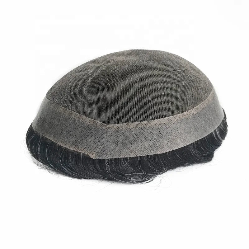 Super Fine Swiss Lace Durable PU Skin Around Natural Human Hair Replacement Men Hairpiece Toupee With Various Size Color Grey