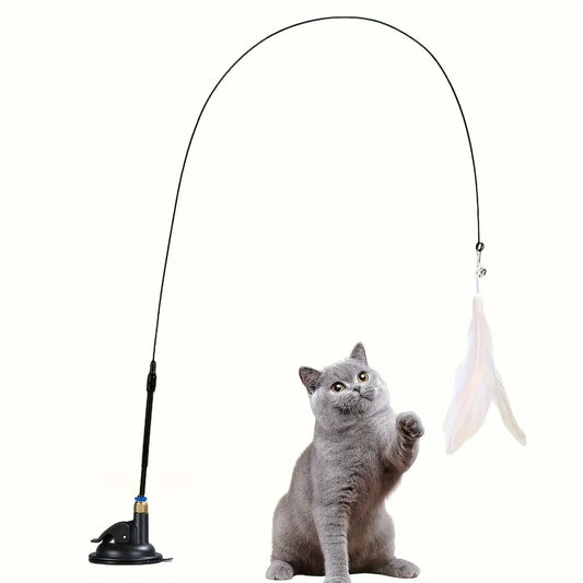 Juguete Teaser para gatos-Campana interactiva y varita de plumas-poste de ventosa larga para aventuras de tiempo de jue…