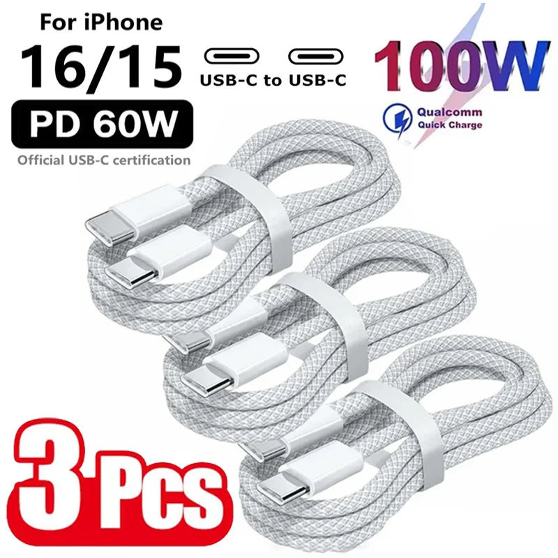 3 uds Cable USB C a USB C 100W Cable cargador de carga rápida admite carga rápida para iPhone 16 15 Samsung Xiaomi Huaw…