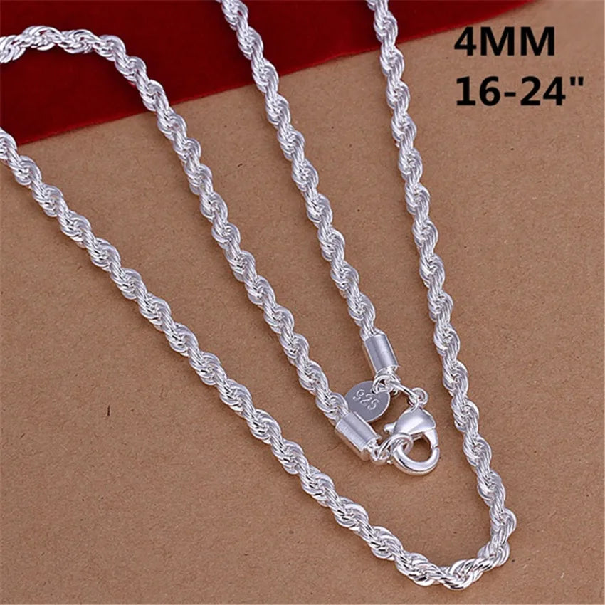 16-24 pulgadas para mujeres y hombres hermosa moda 925 Color plata encanto 4MM cuerda cadena collar ajuste colgante joy…