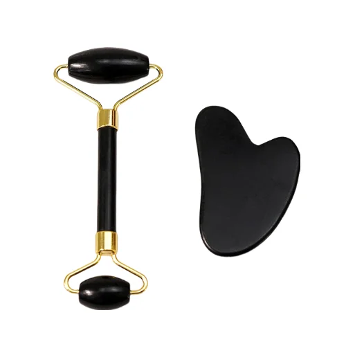 2026 Trending Products Natural Black Bianstone Face Massage Roller Guasha Scraper Black Jade Roller Guasha Set