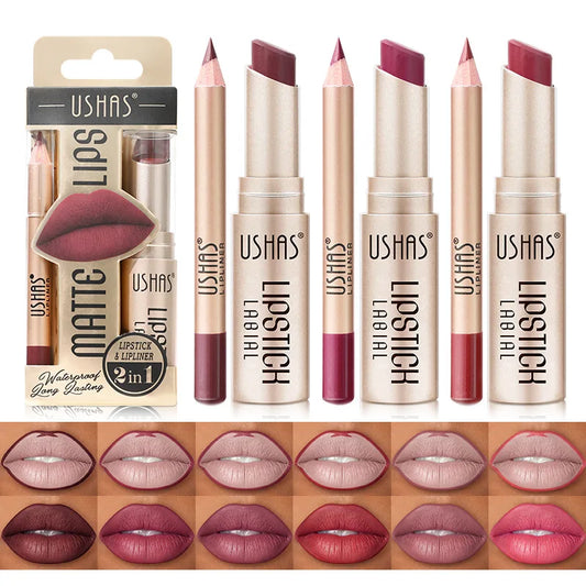 USHAS 12 colores delineador de labios + juego de lápiz labial fácil de colorear lápiz labial mate lápiz labial rojo nud…