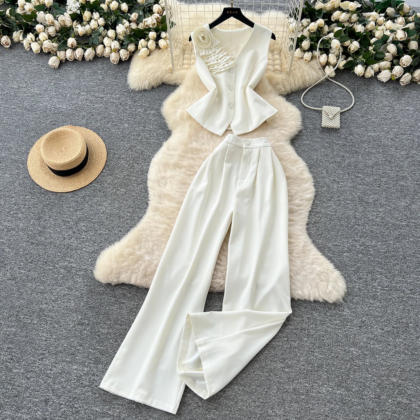 Summer Women's Elegant Sets V-Neck Sleeveless Top And High Waist 3D Set Ropa Wholesale