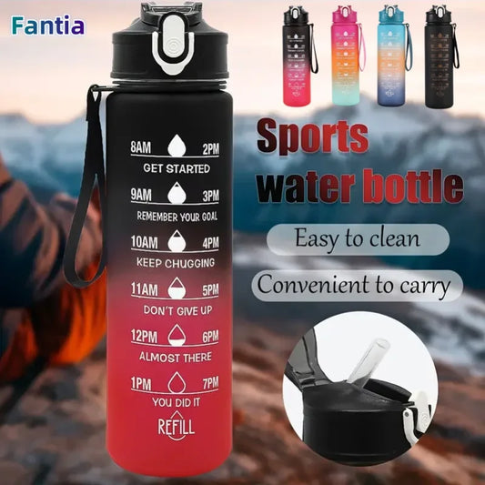 Botella de agua deportiva con pajita de seguimiento de tiempo, cubierta abatible con bloqueo a prueba de fugas para fác…