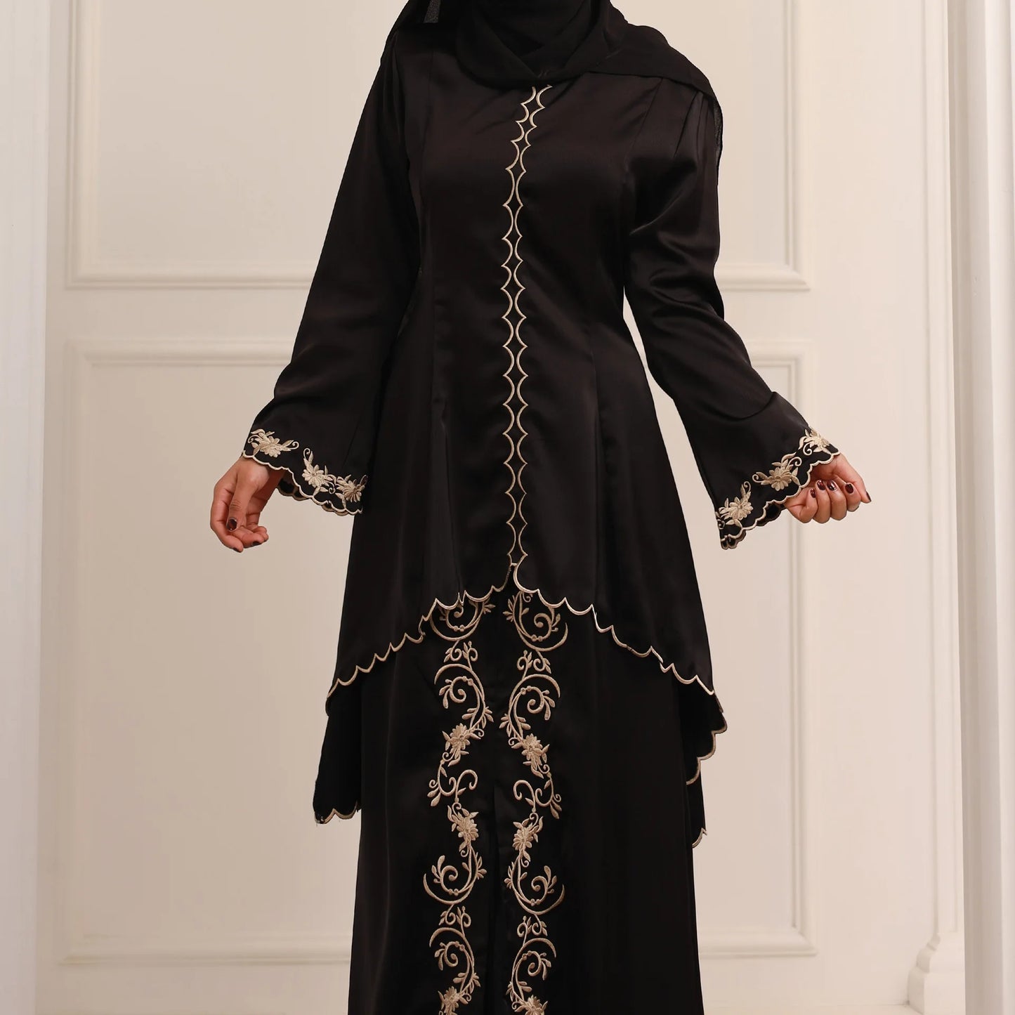 Abaya Dubai Turkey Muslim Fashion Hijab Dress O-neck Embroidery Decoration Elegant 2 Piece Dubai Abaya Set Soft Satin Kimono