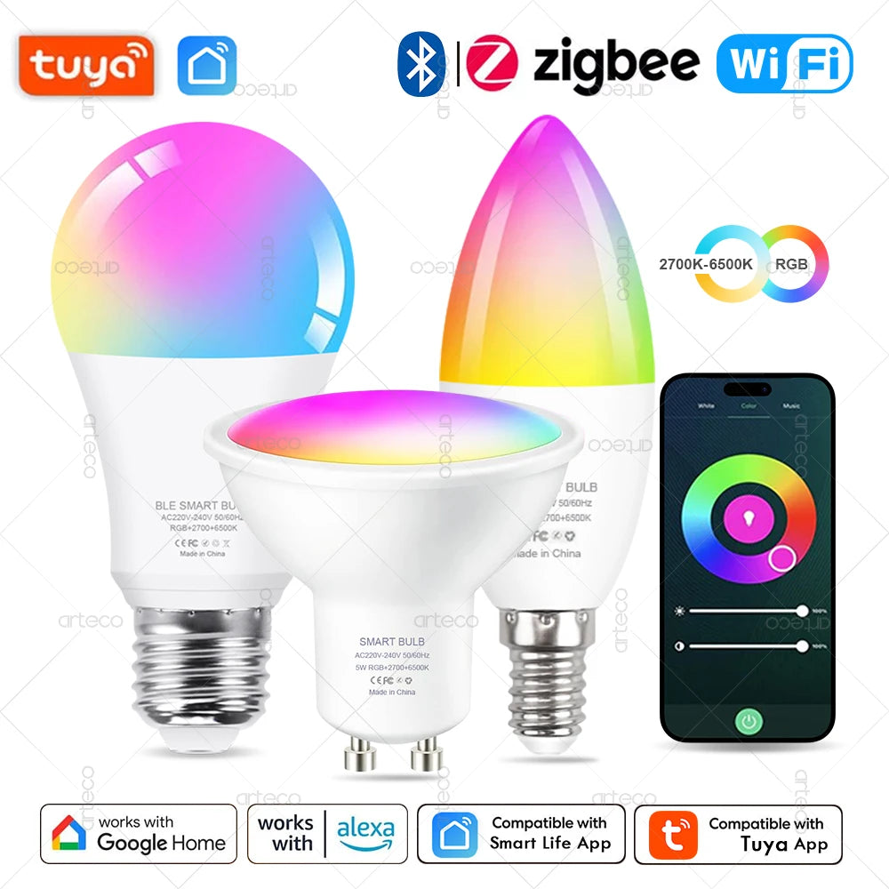 Tuya E27 E14 GU10 bombilla WIFI Zigbee Bluetooth, lámpara LED inteligente regulable 2700-6500K RGB, bombilla LED funcio…