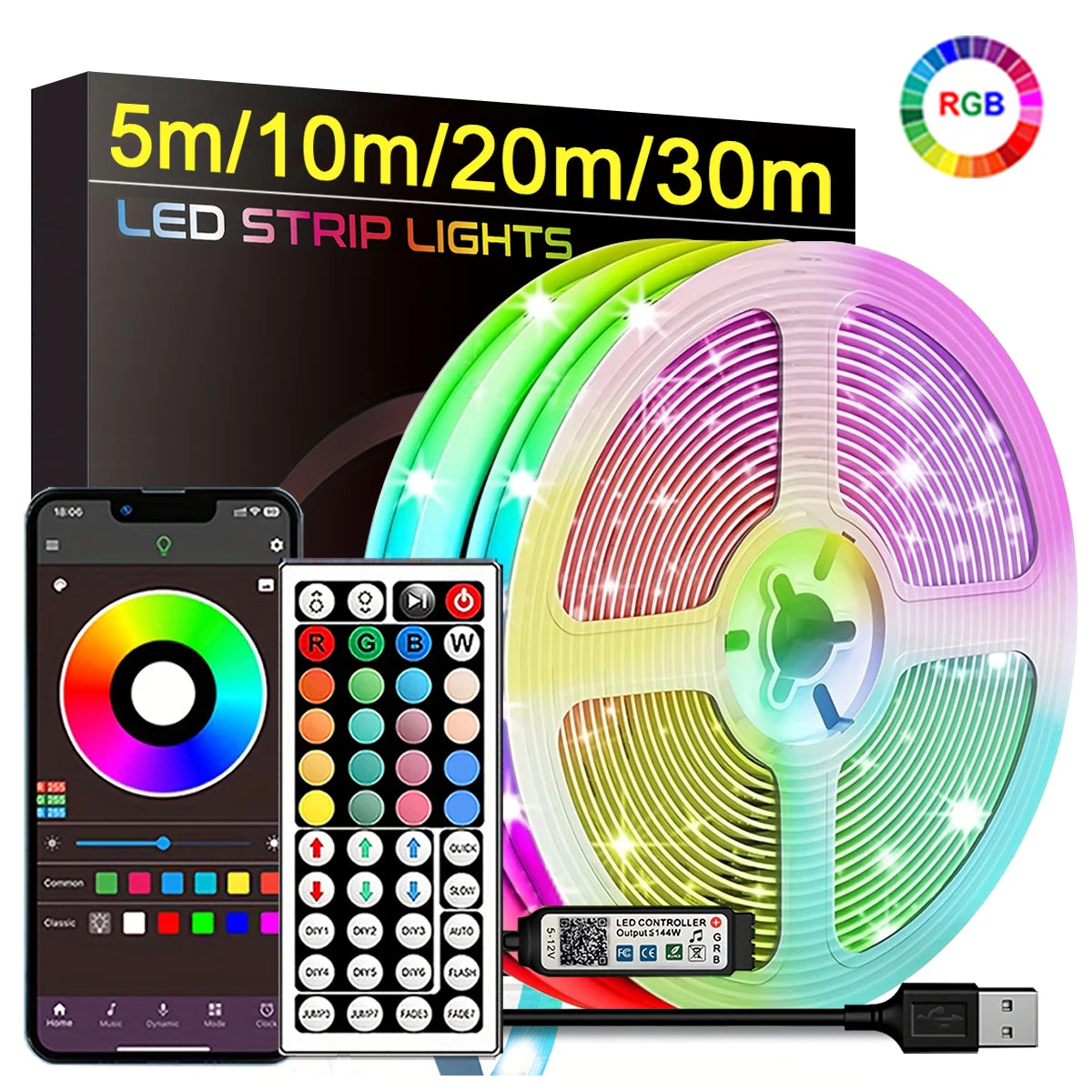 Tira de Luces Led RGB, 5m, 10m, 20m, 30m, luz Led para habitación con Control por aplicación, cinta Flexible, Luces, ci…