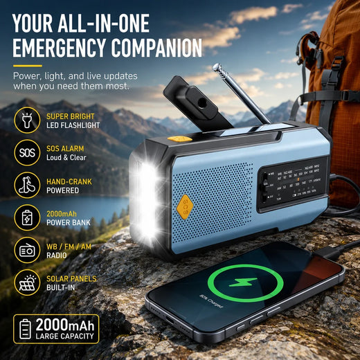 Radio meteorológica de emergencia, Radio multifuncional FM AM WB, manivela, carga USB Solar, Banco de energía de 2000mA…