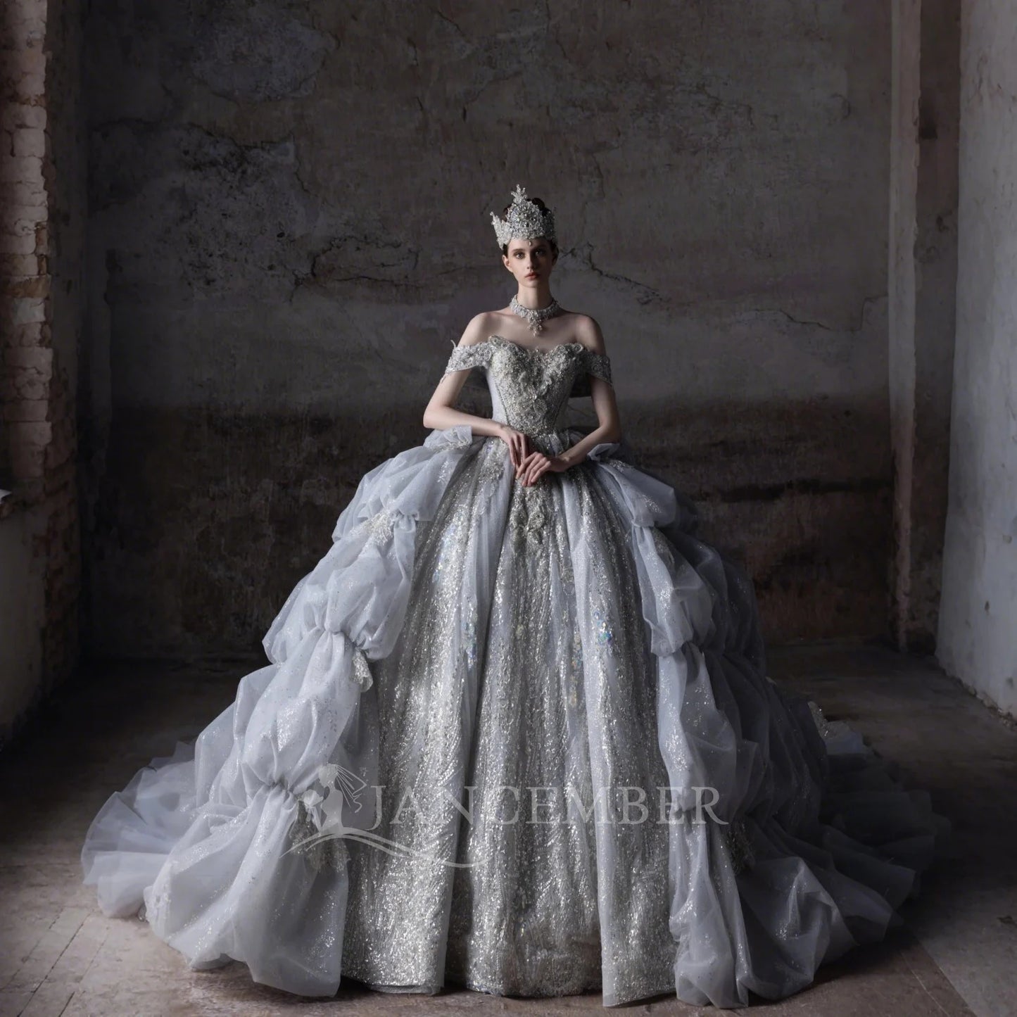 For Jancember LSHT064 Modern Royal Vintage Ball Gown Wedding Dress Off-Shoulder Bling Puffy Long Chapel Lace Crystal Flower