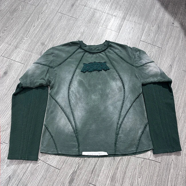 Custom Vintage Sun Faded Sweatsuit Applique Embroidery Distressed Sweatsuit Unisex Streetwear Long Sleeve t Shirt Manufacturer