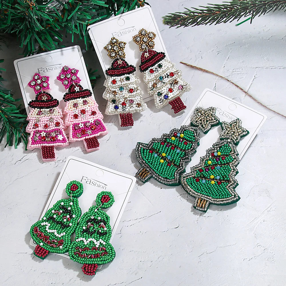 New Fashion Cross-border Christmas Beaded Earrings Series Bohemian Hand-sewn Christmas Tree Rice Bead Earrings Wholesale