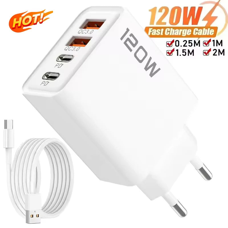 Estación de carga rápida USB C de 4 puertos, 120W, PD QC3.0, adaptador de pared, Cable de datos para iPhone, Samsung, X…