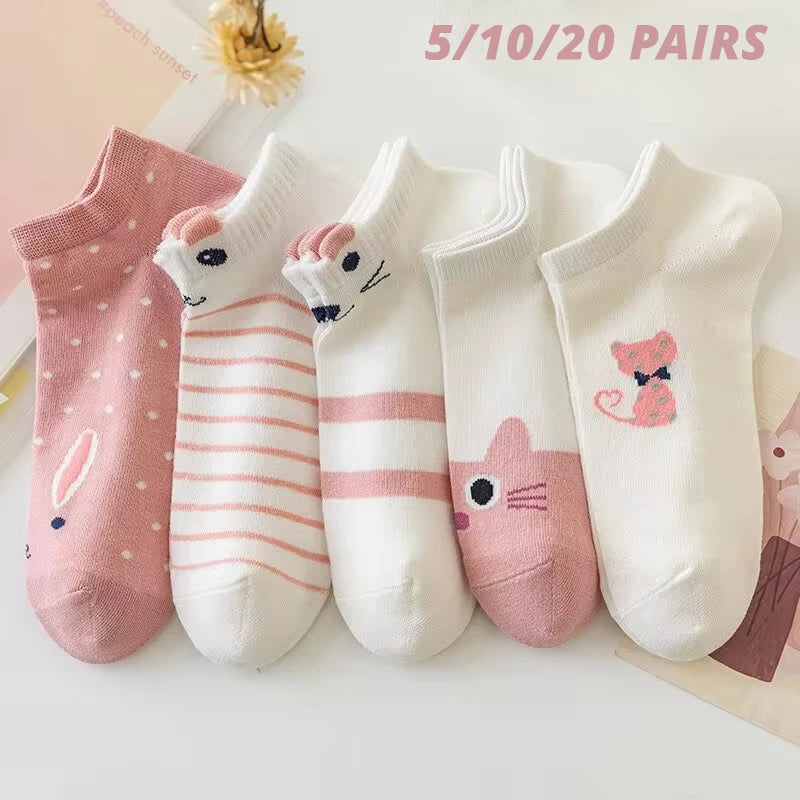 5/10/20 pares de calcetines de tubo corto para mujer, calcetines finos de gato rosa para las cuatro estaciones, bonitos…