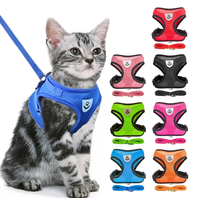 Arnés de malla ajustable de poliéster para gatos, chaleco para caminar, correa de plomo para cachorros, Collar para per…