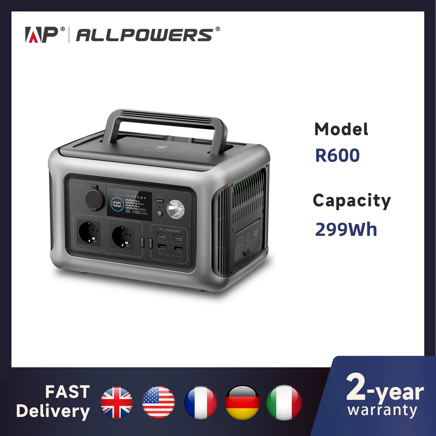 ALLPOWERS Estación de energía portátil R600, batería LiFeP04 de 299Wh con 2 salidas de CA de 600W (1200W) para acampar…