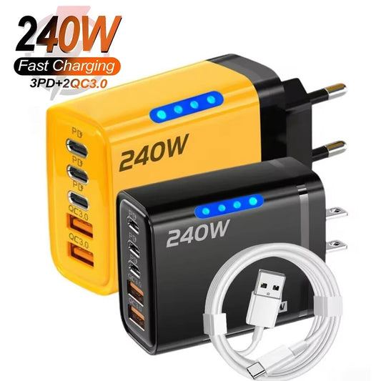 Cargador de Escritorio USB C GaN 5 en 1 de 240 W, Adaptador de Carga Rápida para Teléfono, Cable Tipo C de 10 A para iP…