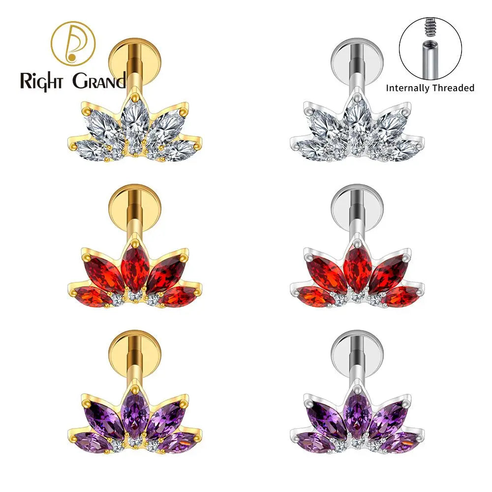 Right Grand ASTM F136 Titanium 16G Marquise CZ Flower Flat Back Stud Labret Tragus Helix Cartilage Conch Earring Piercing