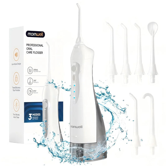 Irrigador Bucal Mornwell con 6 Boquillas y 3 Modos, Irrigador Dental Inalámbrico Portátil D52, Limpiador de Dientes con…