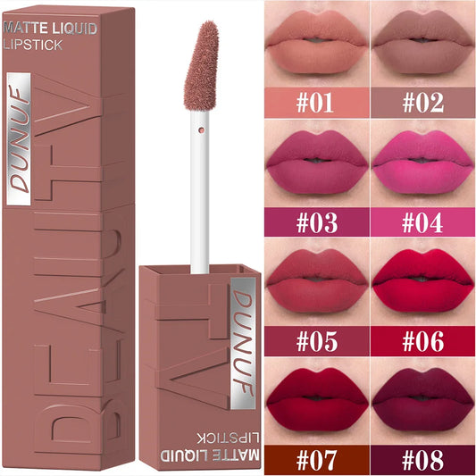 DUNUF, 8 colores, terciopelo mate, suave, fácil de aplicar, brillo de labios de tubo cuadrado, resistente al agua, lápi…