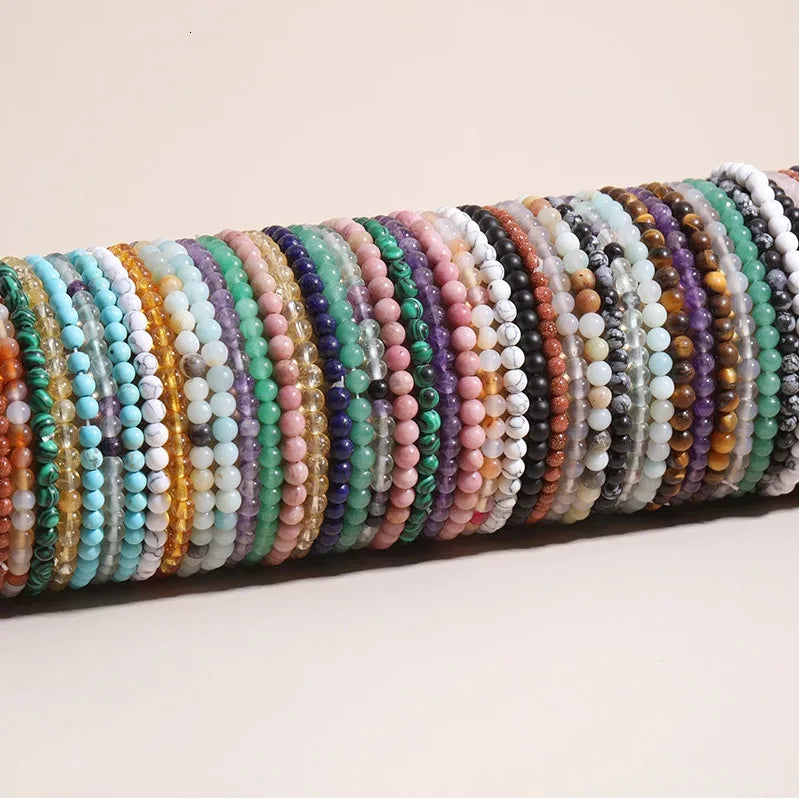 Bestone Fashion Stretch Bracelet Crystal Agate Turquoise Pink Zebra Bloodstone Tiger Eye 4mm Round Natural Stone Beaded Bracelet