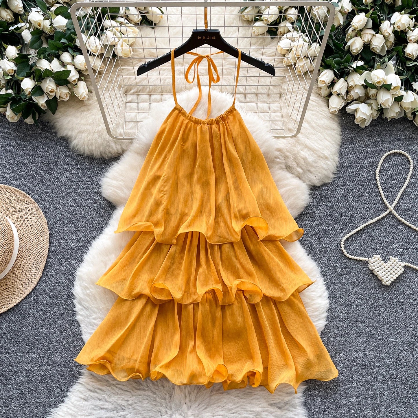 2025 Summer Roman Halter Ruffle Mini Dress for Women Empire Patchwork Ruffled Lace Dress